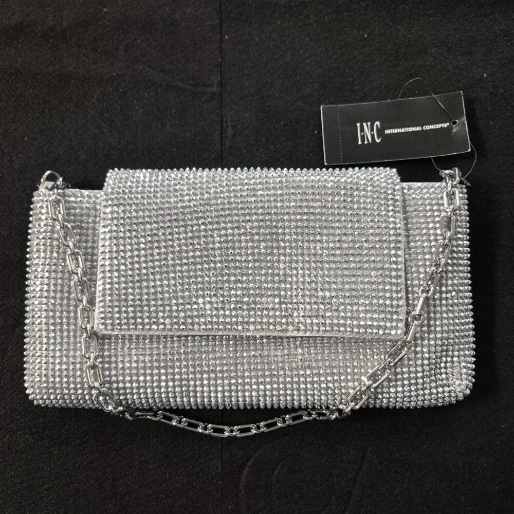 INC Mesh East West embellished clutch baguette pouch- SILVER